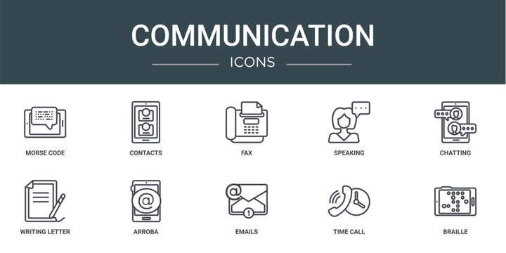 set of 10 outline web communication icons such as morse code, contacts, fax, speaking, chatting, writing letter, arroba vector icons for report, presentation, diagram, web design, mobile app