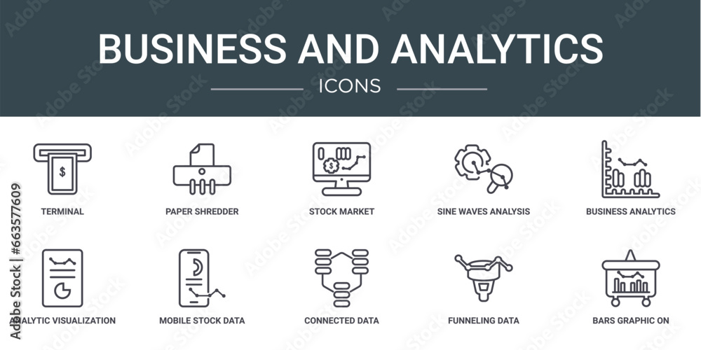 Aufkleber set of 10 outline web business and analytics icons such as terminal, paper shredder, stock market, s