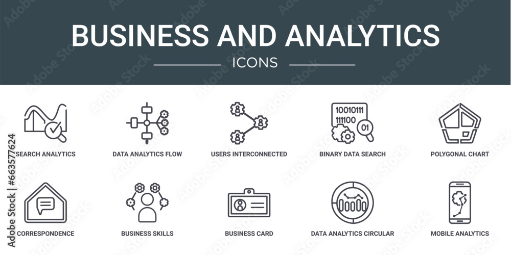 Poster set of 10 outline web business and analytics icons such as search analytics, data analytics flow, us