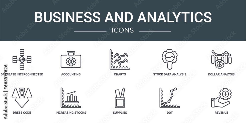 Poster set of 10 outline web business and analytics icons such as database interconnected, accounting, char
