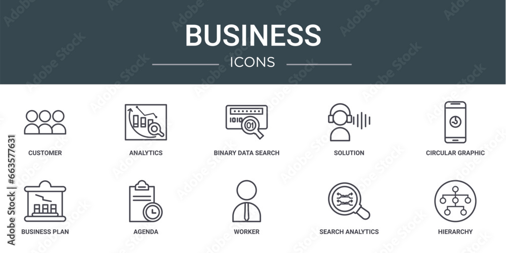Aufkleber set of 10 outline web business icons such as customer, analytics, binary data search, solution, circ