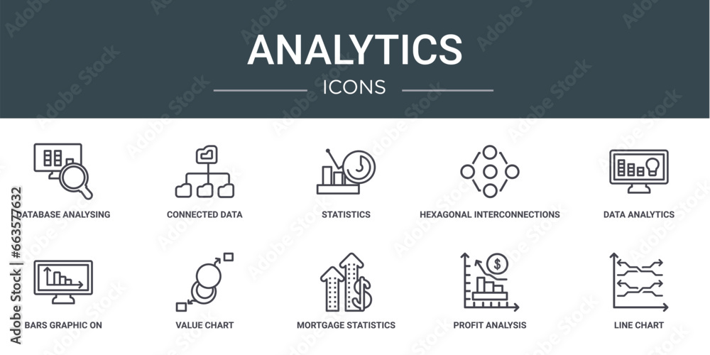 Poster set of 10 outline web analytics icons such as database analysing, connected data, statistics, hexago