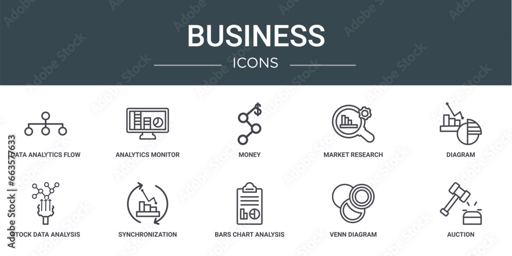 Poster set of 10 outline web business icons such as data analytics flow, analytics monitor, money, market r