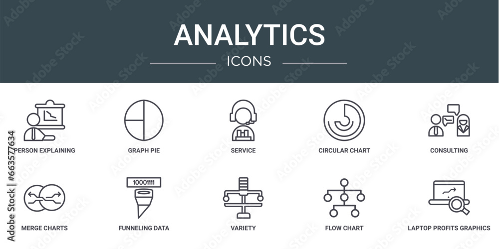 Aufkleber set of 10 outline web analytics icons such as person explaining strategy, graph pie, service, circul