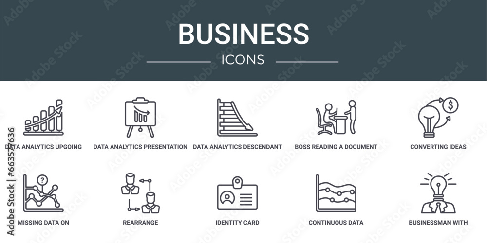 Poster set of 10 outline web business icons such as data analytics upgoing bars chart, data analytics prese