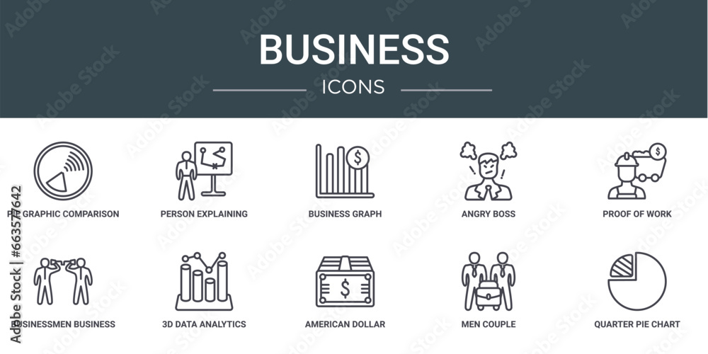 Poster set of 10 outline web business icons such as pie graphic comparison interface, person explaining str