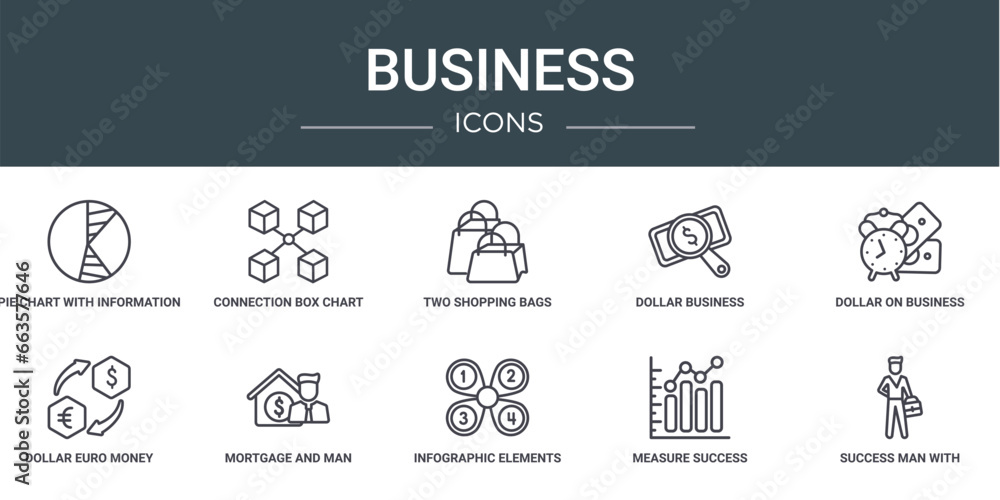 Poster set of 10 outline web business icons such as pie chart with information, connection box chart, two s