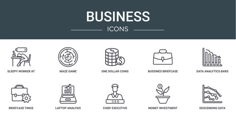 Naklejka premium set of 10 outline web business icons such as sleepy worker at work, maze game, one dollar coins, bussines briefcase, data analytics bars chart with descendant line, briefcase tings, laptop analysis