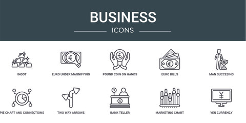 set of 10 outline web business icons such as ingot, euro under magnifying glass search, pound coin on hands, euro bills, man succesing, pie chart and connections, two way arrows vector icons for