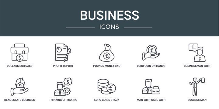 Set Of 10 Outline Web Business Icons Such As Dollars Suitcase For Business, Profit Report, Pounds Money Bag, Euro Coin On Hands, Businessman With Pounds Message In A Speech Bubble, Real Estate