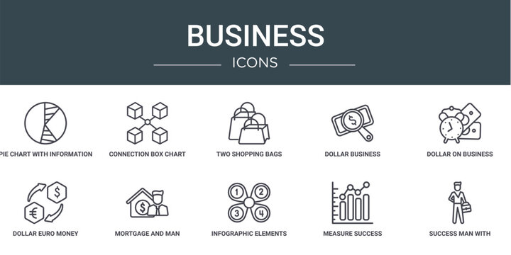set of 10 outline web business icons such as pie chart with information, connection box chart, two shopping bags, dollar business search, dollar on business time, dollar euro money exchange,