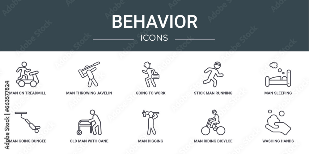 Poster set of 10 outline web behavior icons such as man on treadmill, man throwing javelin, going to work, 