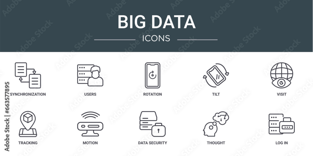 Poster set of 10 outline web big data icons such as synchronization, users, rotation, tilt, visit, tracking
