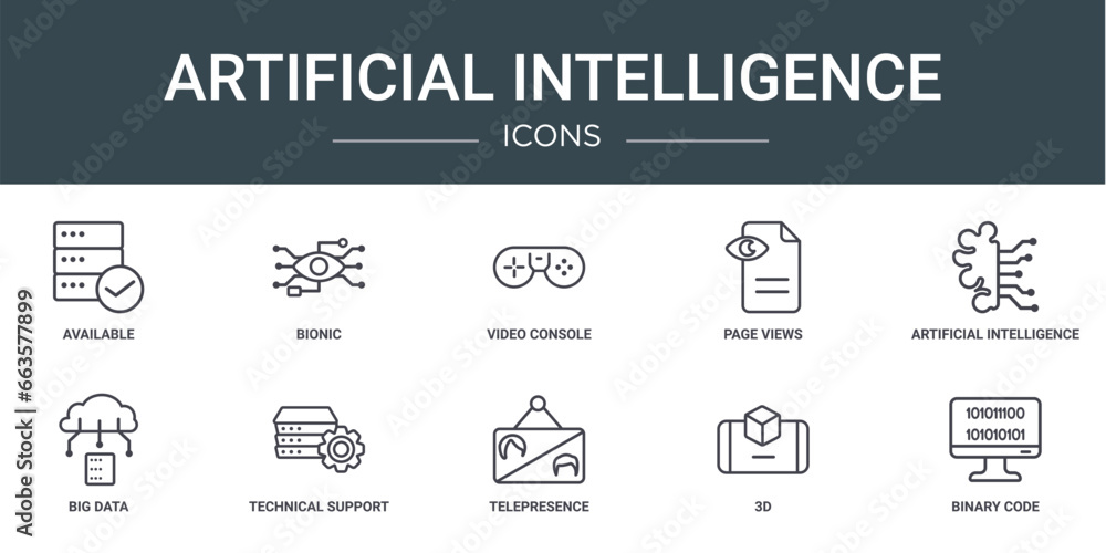 Poster set of 10 outline web artificial intelligence icons such as available, bionic, video console, page v