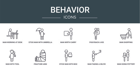 set of 10 outline web behavior icons such as man working at desk, stick man with umbrella, man wirth carry, piggyback a kid, shopping, with tool, fracture arm vector icons for report, presentation,