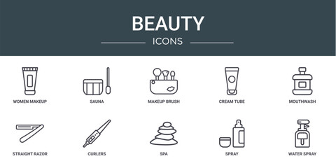 set of 10 outline web beauty icons such as women makeup, sauna, makeup brush, cream tube, mouthwash, straight razor, curlers vector icons for report, presentation, diagram, web design, mobile app