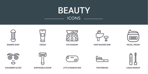 set of 10 outline web beauty icons such as barber shop, cream, eye shadow, hair washer sink, facial cream, cucumber slices on face, disposable razor vector icons for report, presentation, diagram,