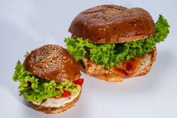 close-up on light surface, various hamburgers, meat, fish and tuna hamburgers for restaurant menu on white background. Isolated, close-up view