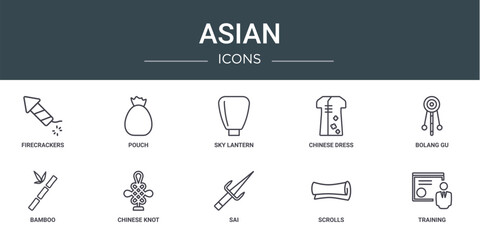set of 10 outline web asian icons such as firecrackers, pouch, sky lantern, chinese dress, bolang gu, bamboo, chinese knot vector icons for report, presentation, diagram, web design, mobile app