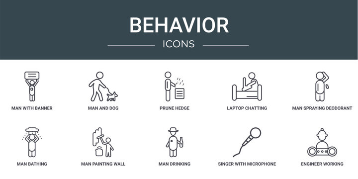 set of 10 outline web behavior icons such as man with banner, man and dog, prune hedge, laptop chatting on bed, man spraying deodorant, bathing, painting wall vector icons for report, presentation,