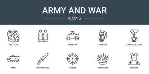 set of 10 outline web army and war icons such as gas mask, , army car, granade, condecoration, tank, combat knife vector icons for report, presentation, diagram, web design, mobile app