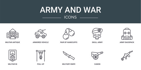 set of 10 outline web army and war icons such as militar antique building, armored vehicle, pair of handcuffs, skull army, army backpack, militar in, pull up vector icons for report, presentation,
