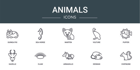set of 10 outline web animals icons such as guinea pig, sea horse, marten, vulture, puffer, gazelle, clam vector icons for report, presentation, diagram, web design, mobile app