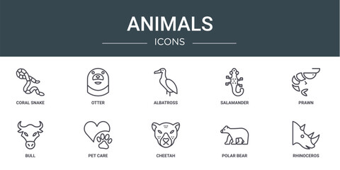 set of 10 outline web animals icons such as coral snake, otter, albatross, salamander, prawn, bull, pet care vector icons for report, presentation, diagram, web design, mobile app