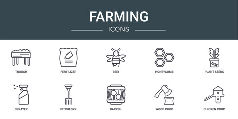 set of 10 outline web farming icons such as trough, fertilizer, bees, honeycomb, plant seeds, sprayer, pitchfork vector icons for report, presentation, diagram, web design, mobile app © Digital Bazaar
