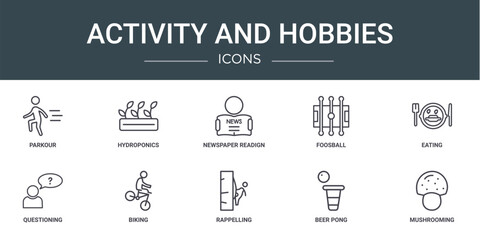 set of 10 outline web activity and hobbies icons such as parkour, hydroponics, newspaper readign, foosball, eating, questioning, biking vector icons for report, presentation, diagram, web design,