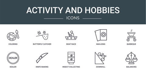 set of 10 outline web activity and hobbies icons such as coloring, butterfly catcher, boat race, mahjong, barbeque, dealer, knife making vector icons for report, presentation, diagram, web design,