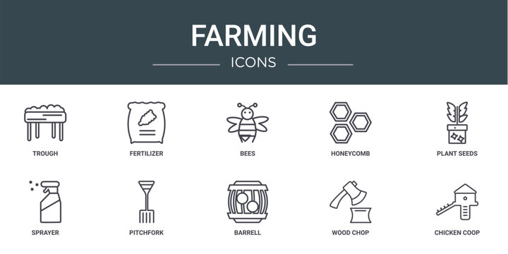 set of 10 outline web farming icons such as trough, fertilizer, bees, honeycomb, plant seeds, sprayer, pitchfork vector icons for report, presentation, diagram, web design, mobile app