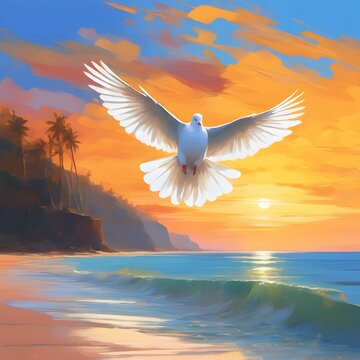 Arte digital de Linda pomba branca da paz voando no litoral de Israel. Ilustra&ccedil;&atilde;o de Pomba da paz na beira do mar mediterr&acirc;neo. Dia internacional da Paz