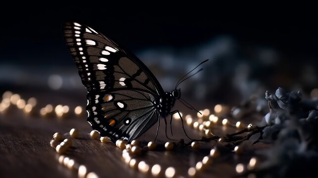 A black butterfly or moth at night. Generative AI. 
