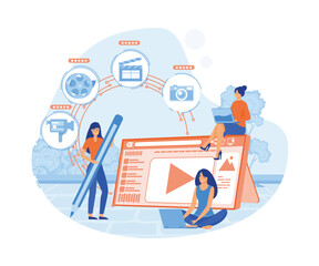 Modern flat design concept of Freelancer, blogger, content creator, copy writer with characters using device. flat vector modern illustration