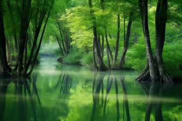 Nature with trees and water. Generative AI