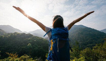 Cheering happy woman enjoying the view on morning mountain valley