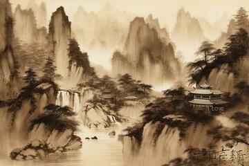 Fototapeta na wymiar Traditional landscape artwork in Chinese style. Generative AI
