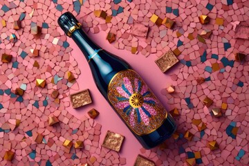 Sparkling pink champagne surrounded by confetti and glitter. Perfect for greeting cards or romantic occasions.