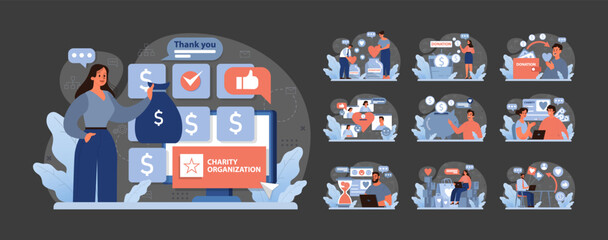 Charity and charitable foundation night mode or dark mode set.