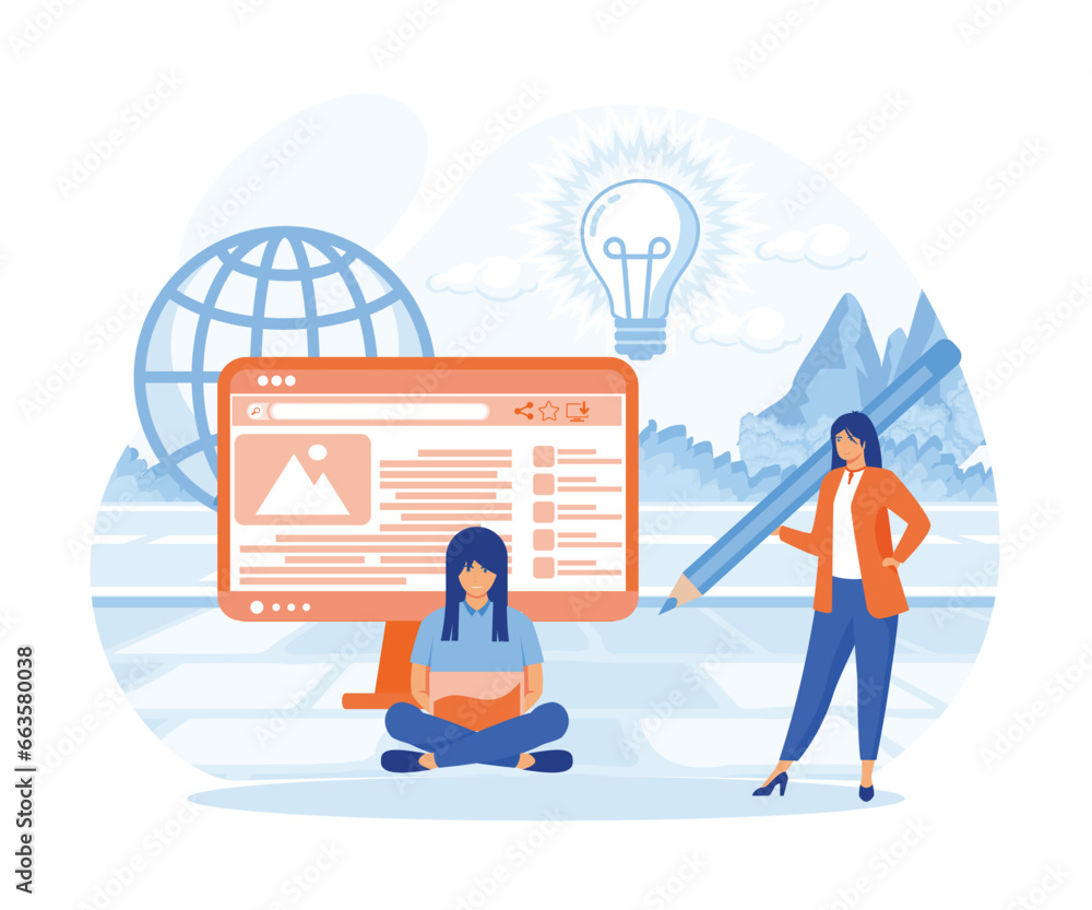 Poster blog authors writing articles. freelance writers with laptops creating internet content. flat vector