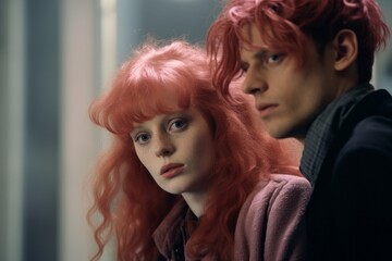 Obraz premium Photo of a woman and man with red hair in a surprised look.