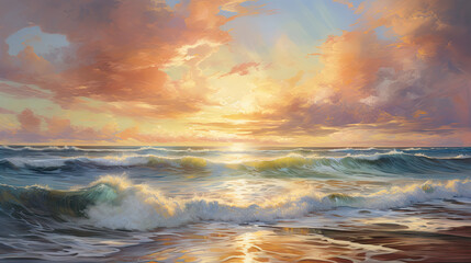 Naklejka na ściany i meble a painting of a sunset over the ocean with waves crashing on the shore and clouds in the sky over the ocean and the beach area