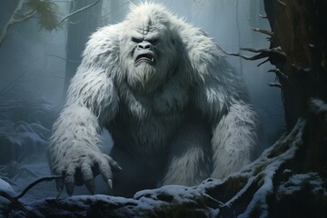 A large, white creature resembling a bigfoot or yeti in appearance. Generative AI