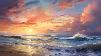 Fototapeta na wymiar a painting of a sunset over the ocean with waves crashing on the shore and clouds in the sky over the ocean and the beach area