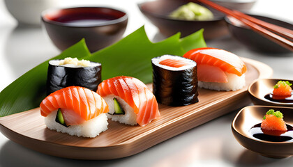  Delicious Sake Nigiri Sushi dish isolated on white background. National cuisine.
