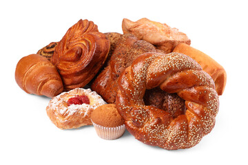 Many different tasty pastries isolated on white
