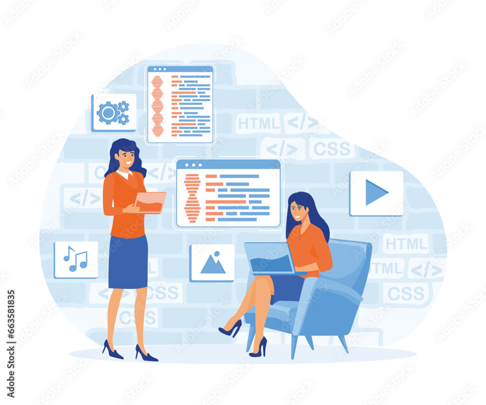 Poster programmer cartoon character developing website, coding. flat illustration banner. flat vector moder