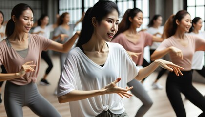 Close-up photo of a group of women in a well-lit, spacious gym, deeply engaged in a coordinated dance sequence.