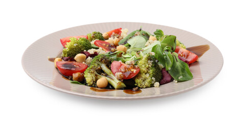 Tasty salad with balsamic vinegar isolated on white